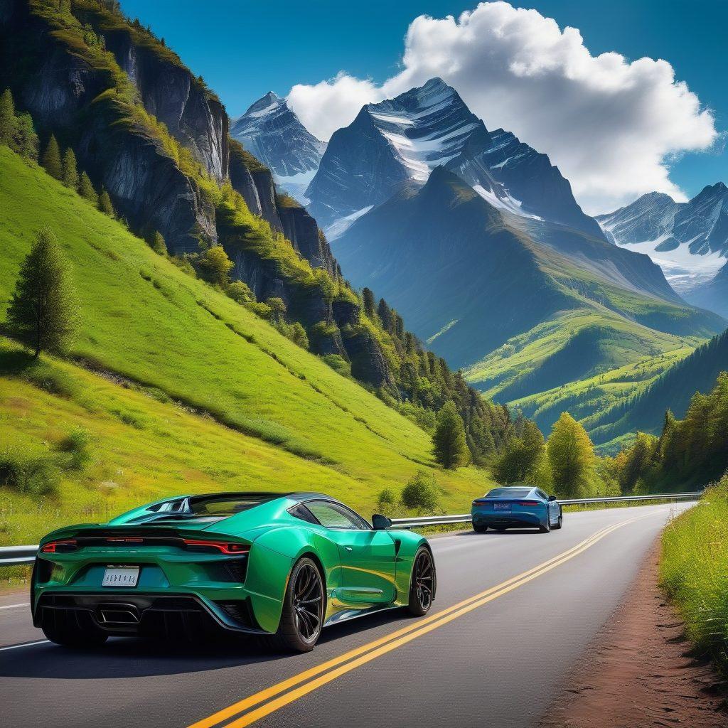 A sleek, modern car driving along a winding road surrounded by majestic mountains and lush greenery. The scene includes a clear blue sky with fluffy clouds, road signs indicating tips for safe driving, and a mechanic with a toolbox looking at the car for maintenance. Create a sense of motion to convey the thrill of the drive. super-realistic. vibrant colors. 3D.