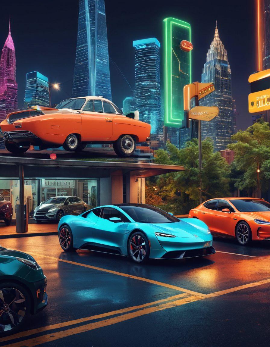 A vibrant collage showcasing a modern electric vehicle alongside a classic vintage car, set against a dynamic cityscape and a serene countryside background. Include a diverse group of people examining both vehicles, highlighting their features with tools and digital devices. Integrate road signs and maps to signify navigation. super-realistic. vibrant colors. 3D perspective.